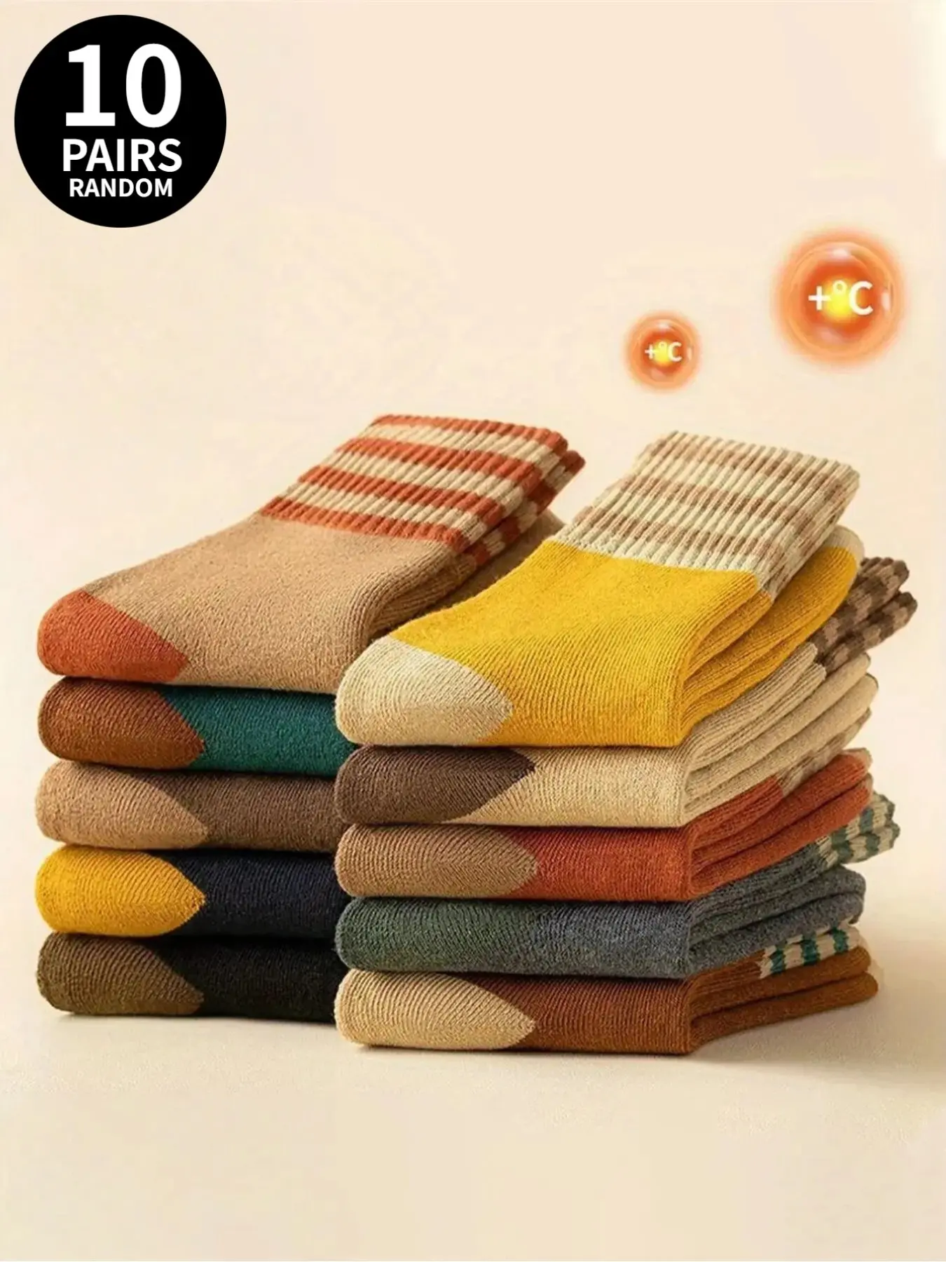 10-Pair Pack of Thickened Terry-Loop Warm Color-Blocked Mid-Calf Socks, Knee-High Socks, Casual Socks, Retro Multi-Color Patchwork—A Fall/Winter Must-Have, Versatile Socks for Home and Sports, Thermal Crew Socks, Colorblock Crew Socks