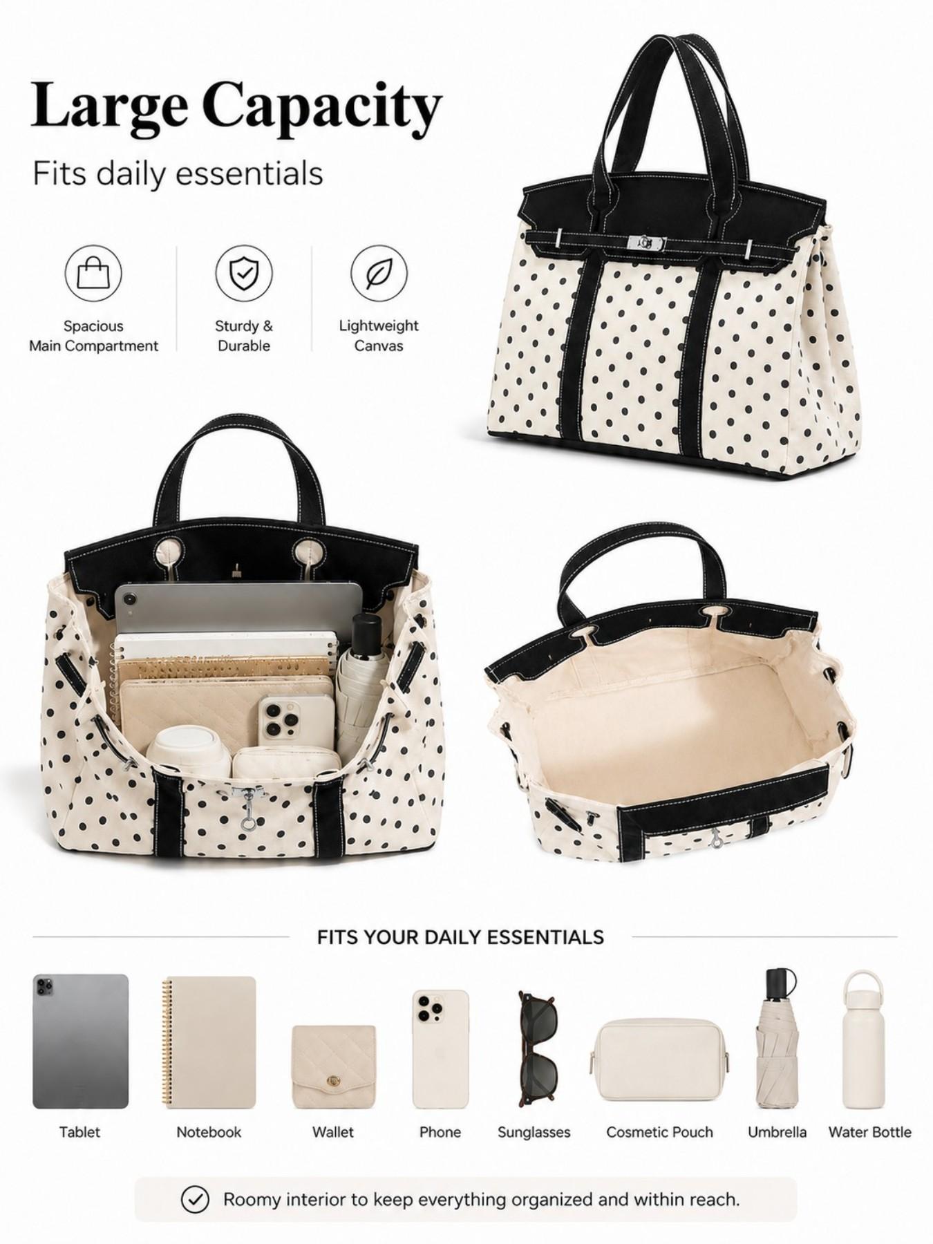 Canvas Polka Dot High-End Colorblock New Fashion Handbag, Casual Trendy Bag, Large-Capacity Commuter Tote Purse Bag, Versatile Fashion Accessory for Daily Use