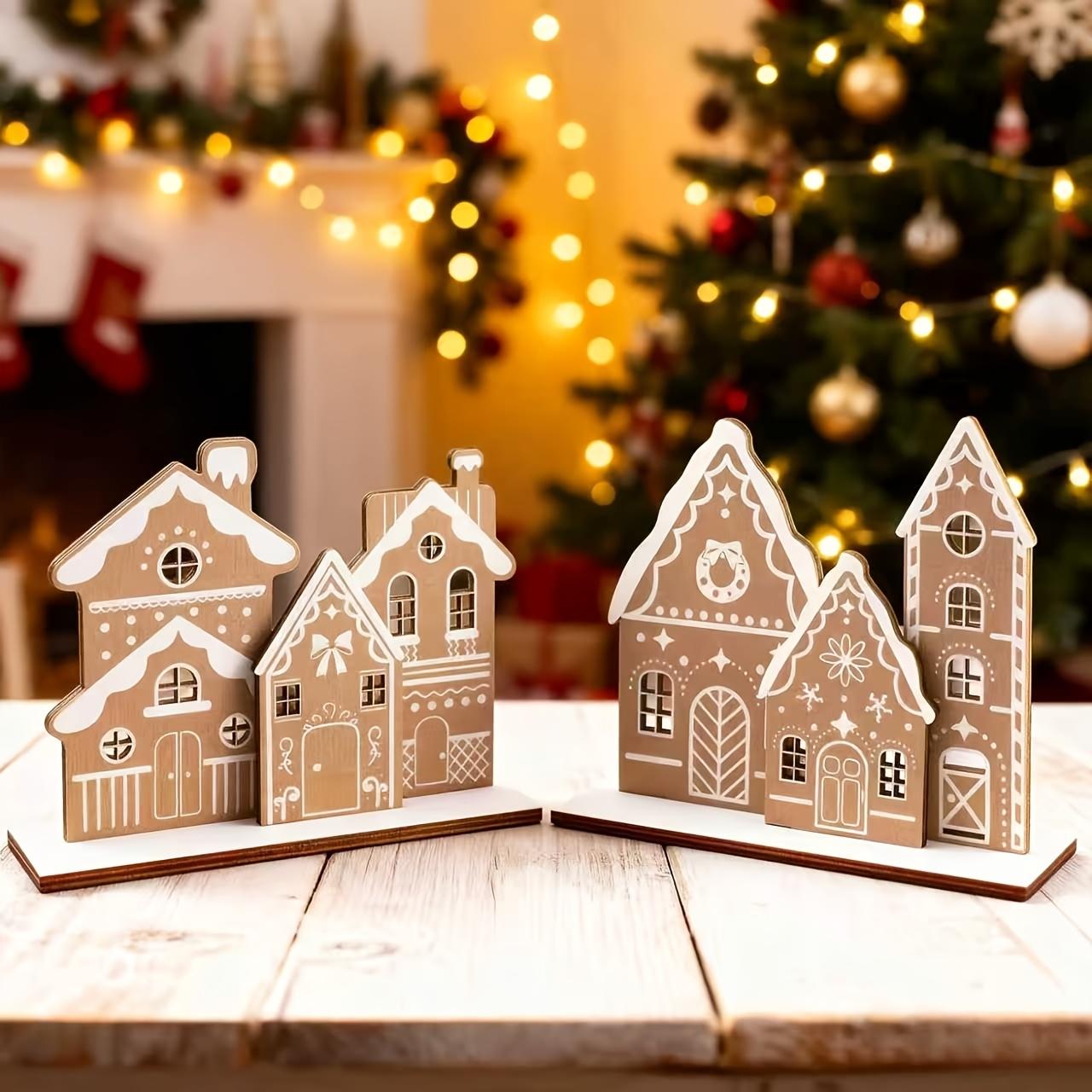 Christmas Gingerbread House Table Decor Set, Wooden Gingerbread House Kit with 6 Mini Houses and 2 Bases, DIY Farmhouse Holiday Display, Rustic Desktop Ornament