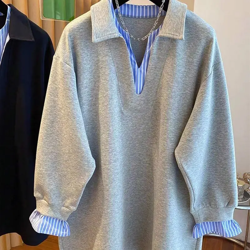 Women's Fall New Colorblock Striped Dual Layer V-Neck Fake Two-Piece Long Sleeve Oversized Loose Baggy Casual Simple Basic Fashion Pullover Sweatshirt, Womenswear, Everyday Tops, Casual Sweatshirts