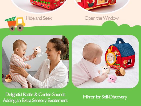 hahaland Surprise Barn with Stuffed Farm Animals Bunny Mushroom Rattle, Crinkle Paper, Mirror - Montessori Developmental Toys for Newborn Babies Infant Toy, Sensory Toy for Birthday Christmas Valentine's Day Gifts Nursery Infant Easter Stuffer Gifts