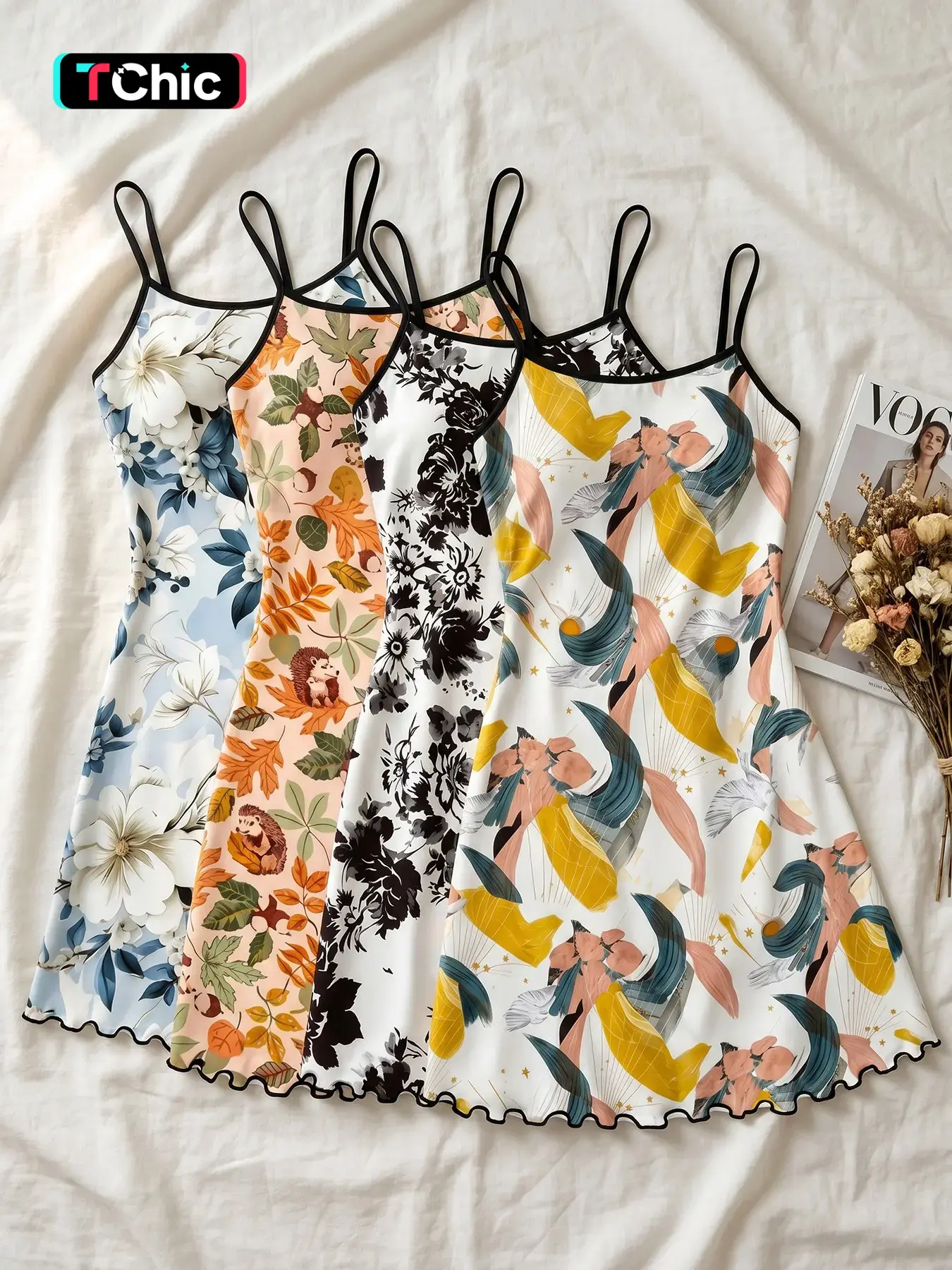 Women's 4 Pack Cami Sleeveless Nightgowns, Spring Summer Wear, Botanical Floral Hedgehog Leaf Print Ruffle Hem, Fresh Plant Aesthetic, Casual Sleepwear & Loungewear for Daily Home Wear