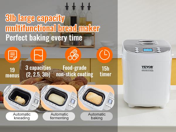 VEVOR Bread Maker, 15-in-1 3LB Dough Machine, Nonstick Ceramic Pan Automatic Breadmaker with Gluten Free Setting, Whole Wheat Bread Making, Digital, Programmable, 3 Loaf Sizes, 3 Crust Colors, White