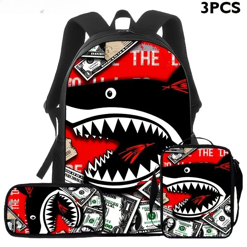 Men's 3-Piece Streetwear Bag Set with Streetwear Clothing Elements - Large-Capacity Backpack, Messenger Bag, Pencil Case, Graphic Print, Zipper Design, Black & Red 2D Pattern, Ideal for Students' Daily Commute