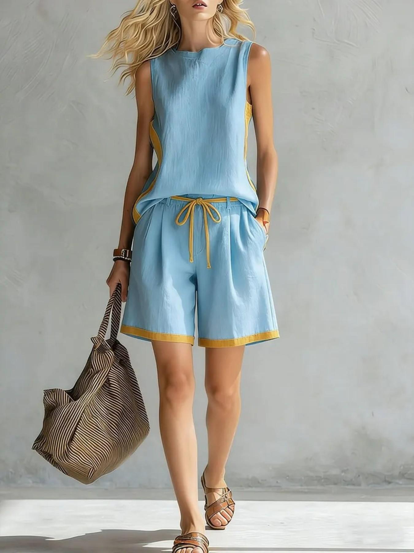 2026 Summer Women Sleeveless Top Color Block Two Piece Set Casual Fashion Wide Leg Pants Matching Outfits Trendy Daily Women Clothing Lady