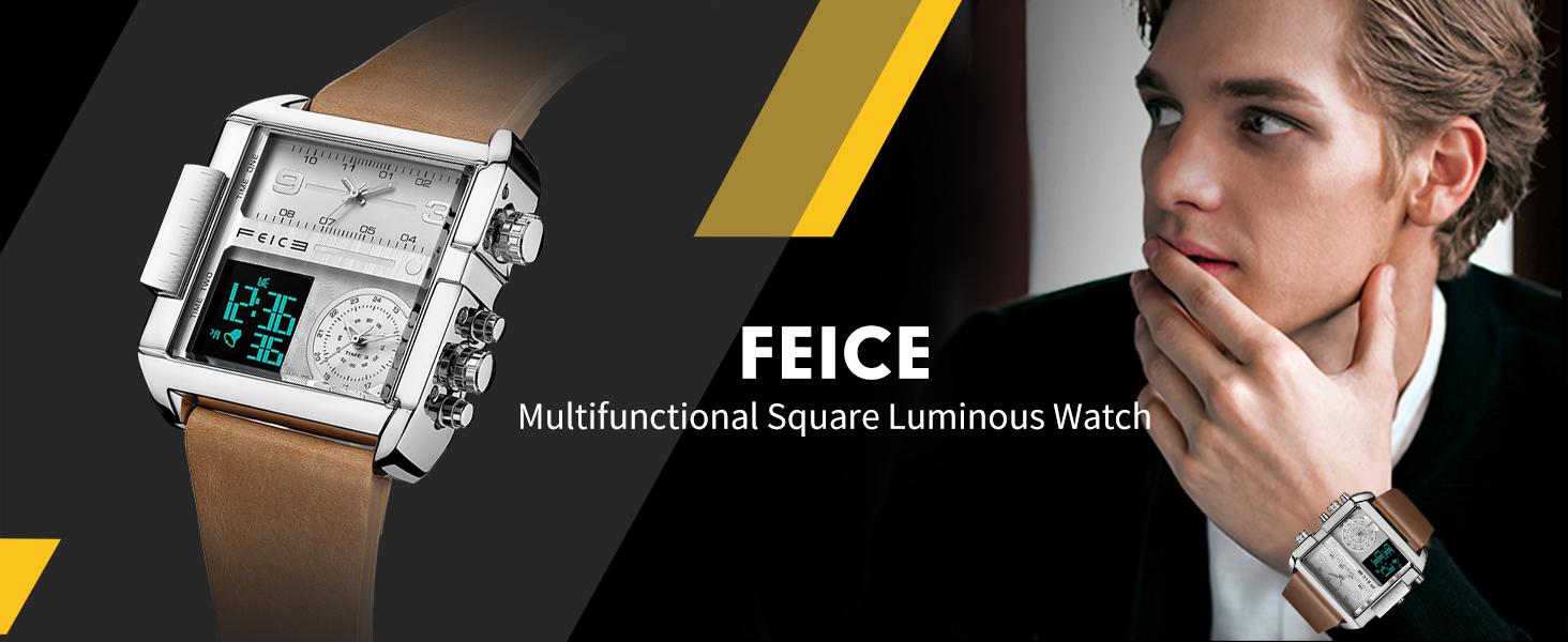 FEICE Men's Square Sport Watch| 50mm Oversized Dial, Dual Movement, Men’s Waterproof Luminous Sport Watch in silver display