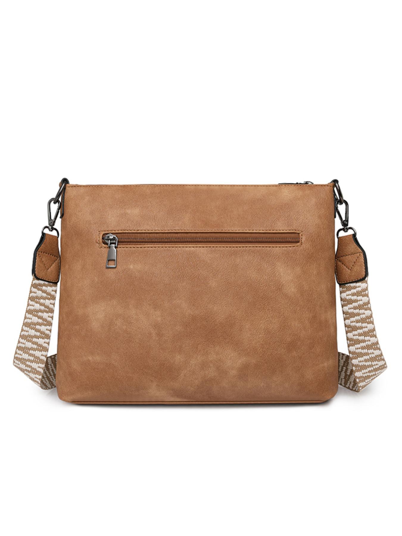 Vintage PU Crossbody Bag, Wide Strap Fringe Design, Large Capacity Shoulder Bag, Casual All-Season Tote, Multi-Layer Anti-Theft, Adjustable Strap