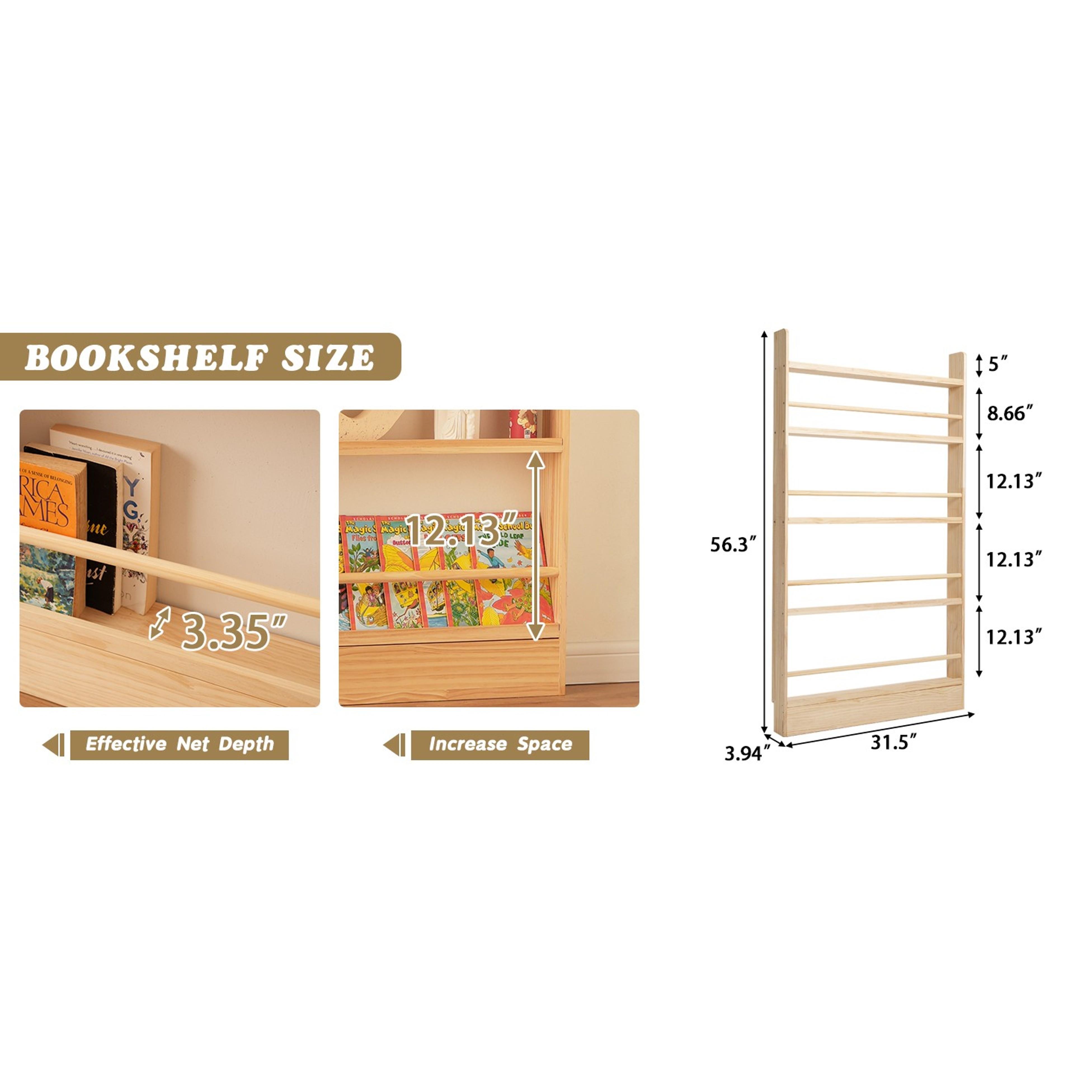 5 Tier Behind The Door Bookshelf & Freestand Open Book Shelf, Wall Mount Shelves for Bedroom, Space- Saving Bookcase, Solid Wood Bookshelf for Living Room, Natural（FSC-Certified Wood）