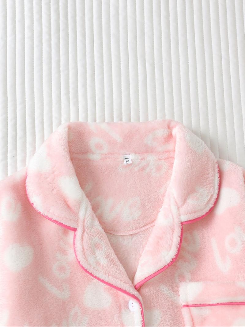 Two-piece Set Women's All Over Cartoon Bear Print Lapel Collar Top & Elastic Waist Pants Pajama Set, Long Sleeve Button Up Top & Pants Pj Set, Women's Sleepwear for Winter