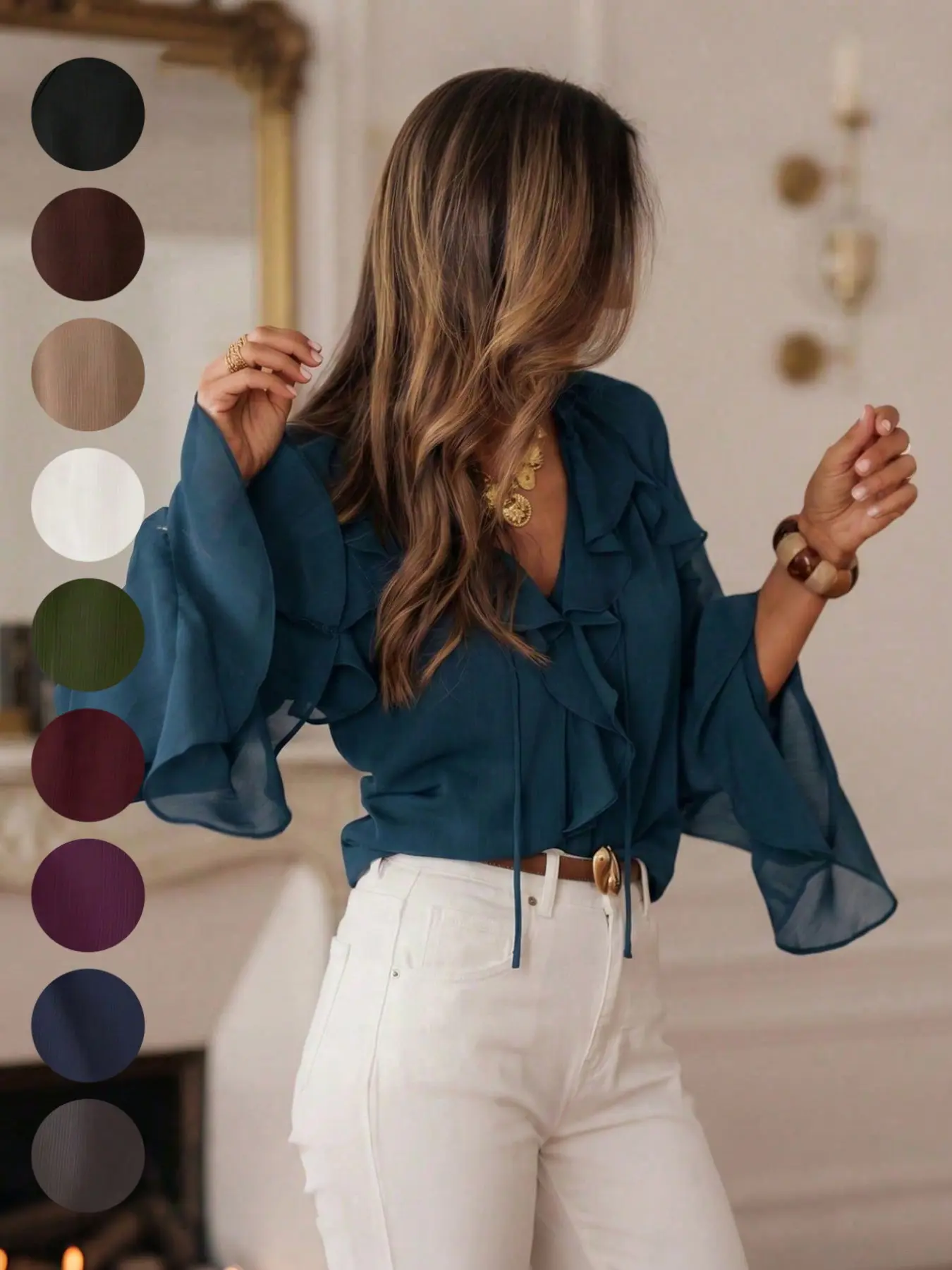 Women's V Neck Ruffle Chiffon Shirt, Elegant Semi-Transparent Bell Sleeve Top, Boho Style Blouse for Office, Vacation, Party, Casual Wear