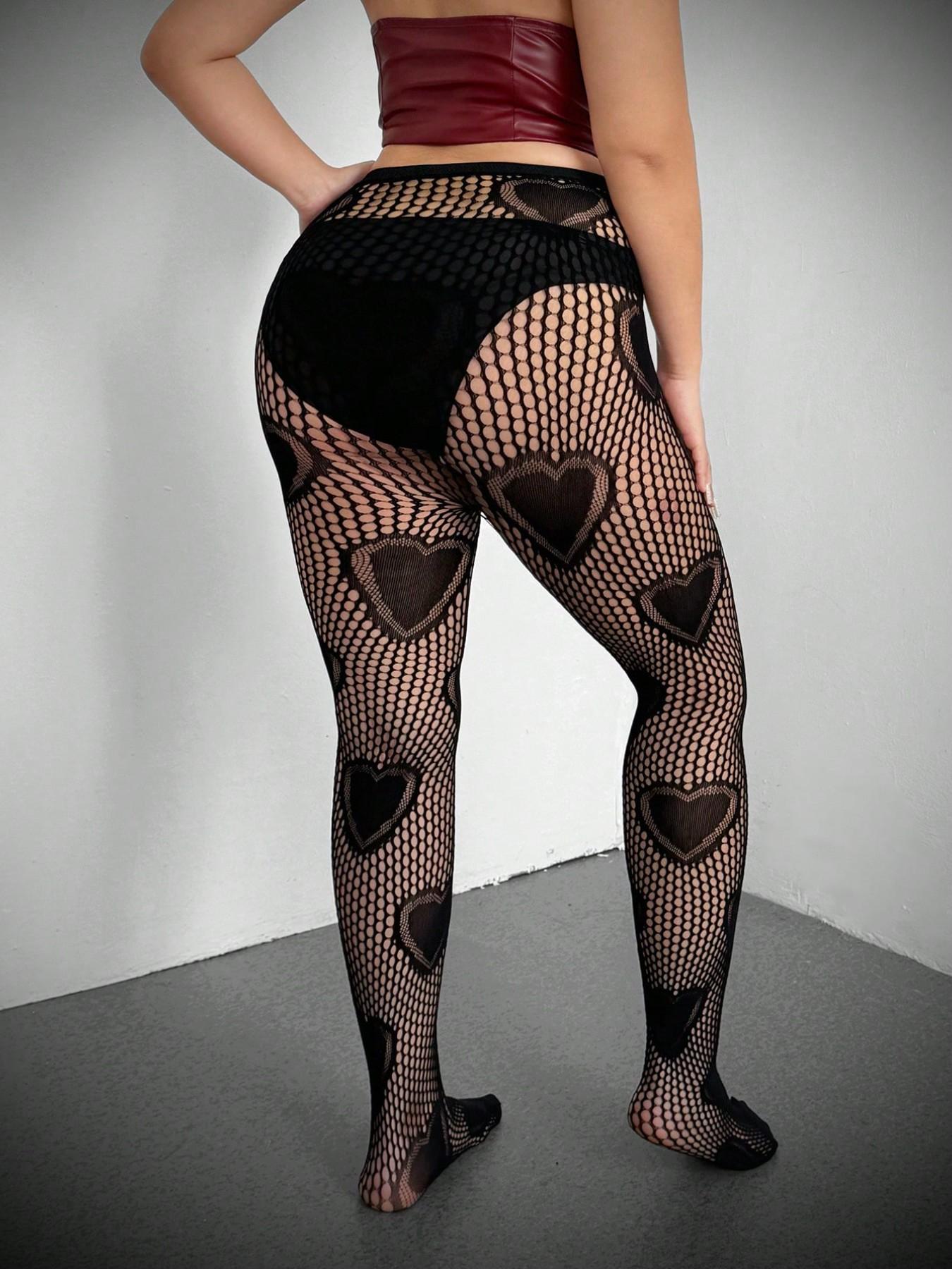 Women's Plus Size Heart Pattern Leggings, Sexy Fishnet Tight Fit Pants, All-Season Skinny Trousers, Fashionable and Comfortable