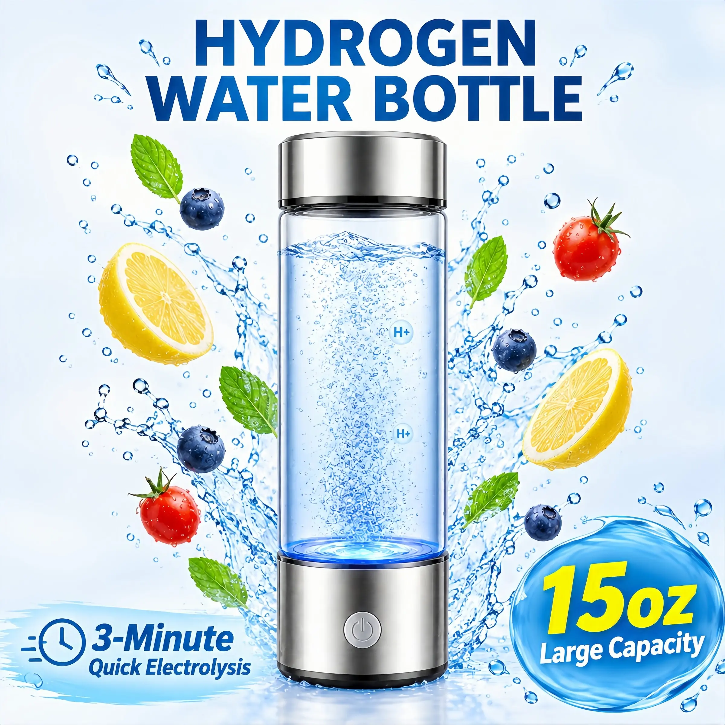 Hydrogen Water Bottle Generator, 15oz Portable USB Rechargeable Hydrogen Water Cup, 3-Min Fast Electrolysis, Borosilicate Glass for Home, Travel & Gym