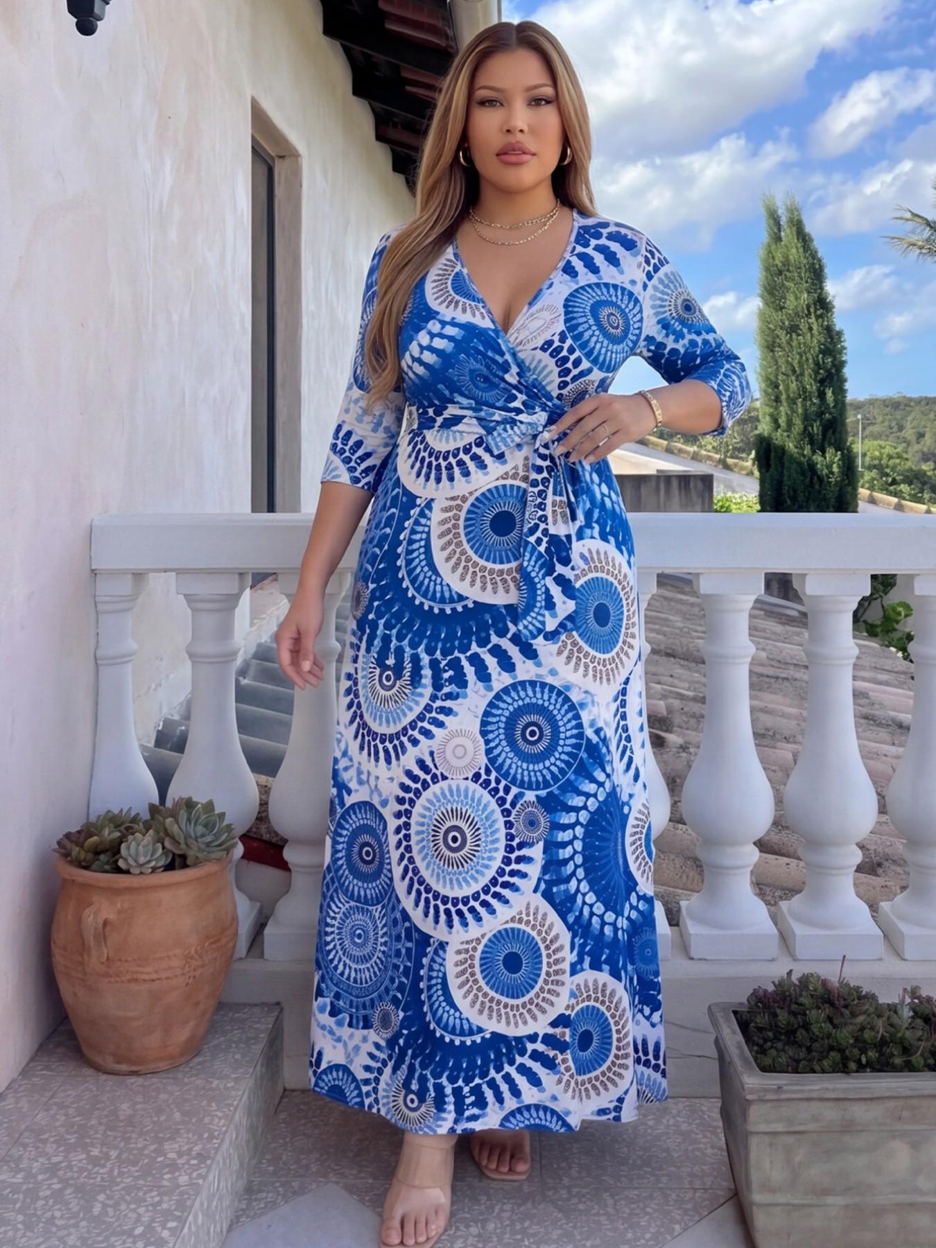 Plus Size Boho Mandala Floral Print Maxi Dress, Deep V Neck 3/4 Sleeve, Wrap Tie Waist, Flowy Adjustable Casual Dress, Multiple Colors Available