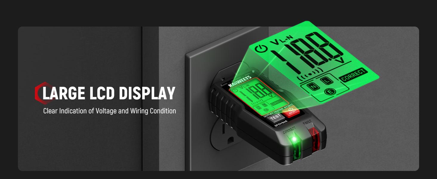 GFCI Outlet Tester with LCD Display, 3-Prong Receptacle Wiring Detector, Voltage Checker, Auto Hold, Diagnostic Tool for 120V AC Home Outlets