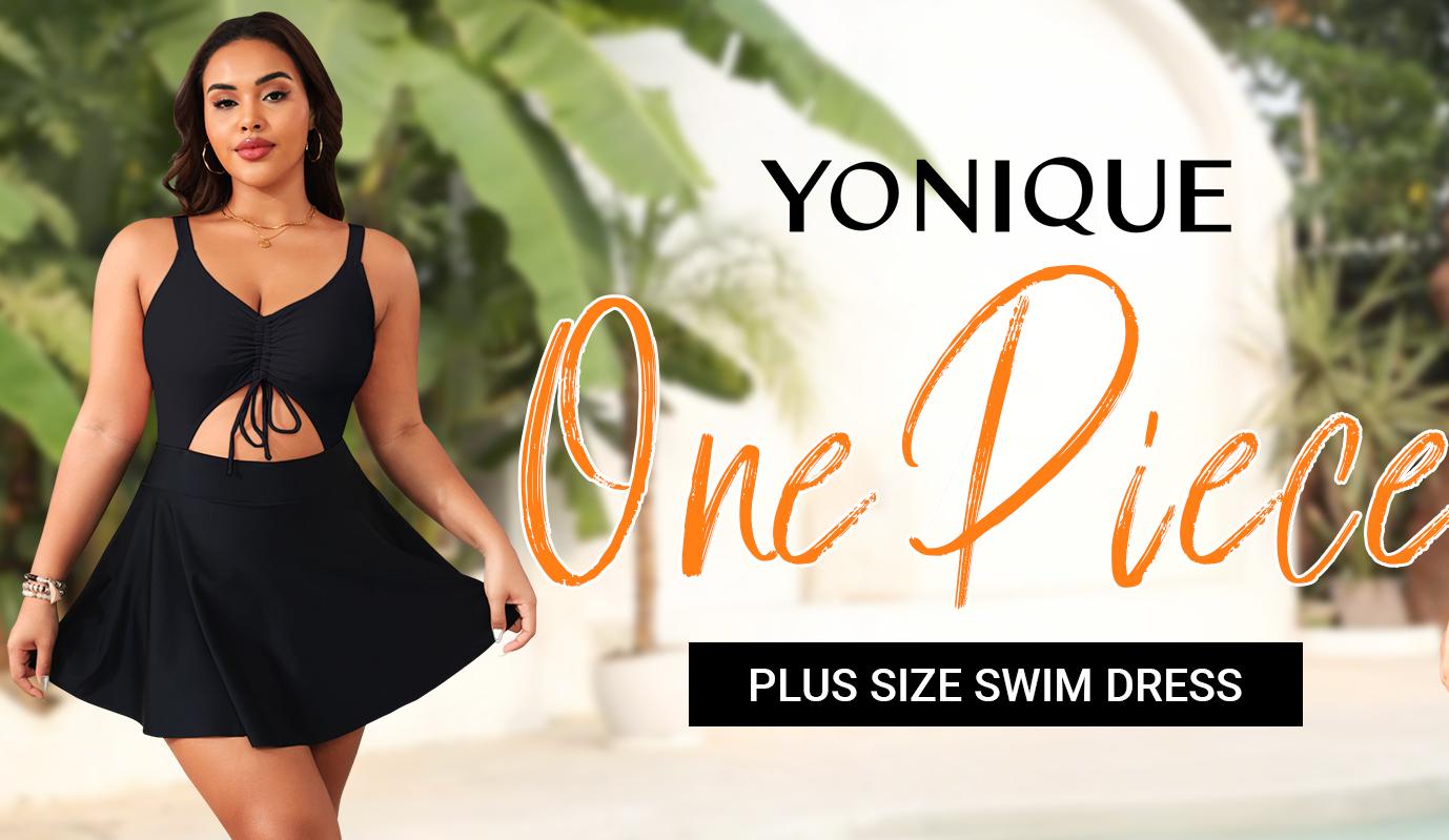 Yonique Women's Plus Size One Piece Swimsuits with Skirt, V-Neck Swimdress with Built-in Bottom, Vintage Cutout Bathing Suit for Plus Size Women, Ideal Holiday Gift for Mom, Wife, Girlfriend