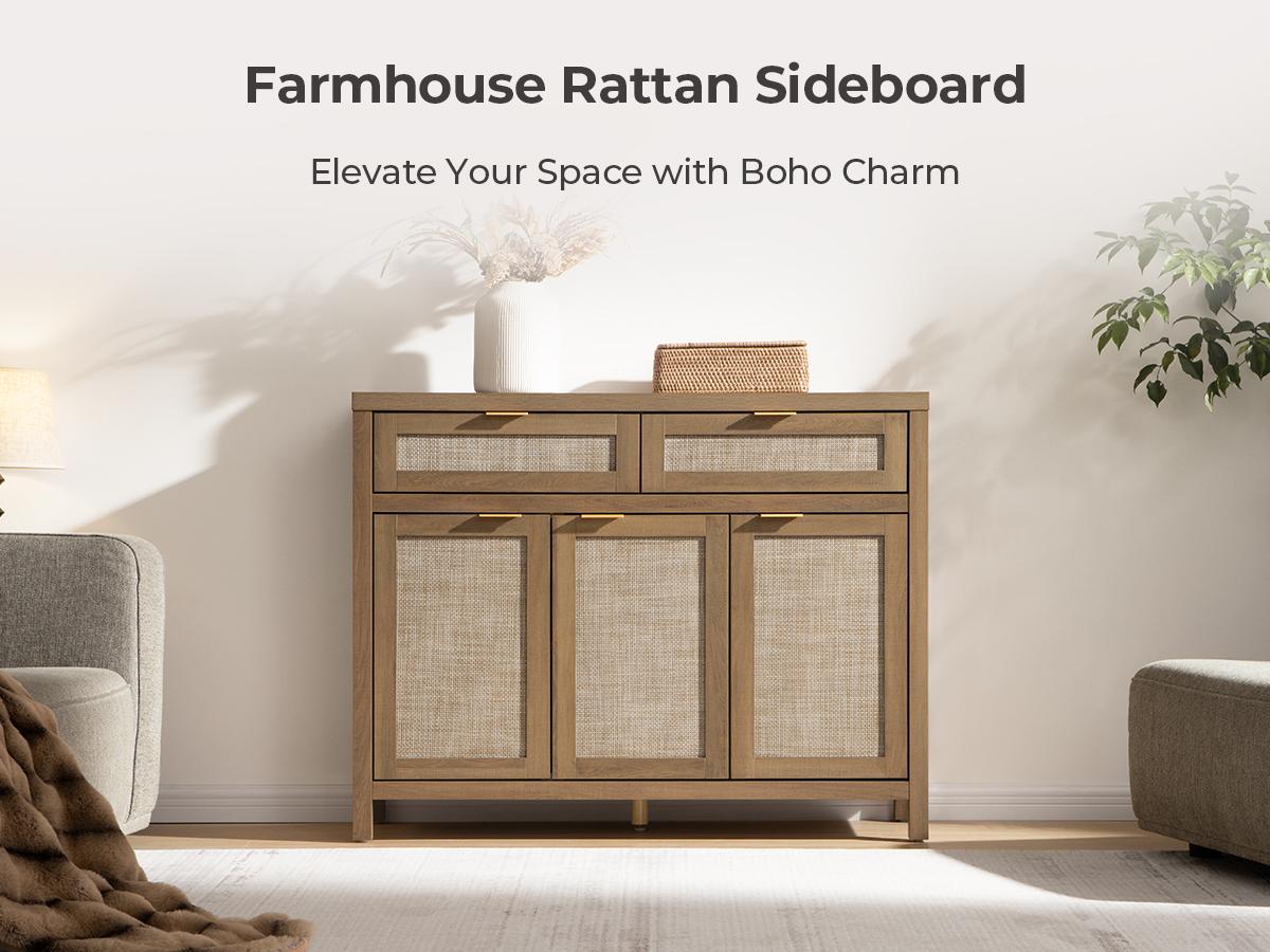 SICOTAS Rattan Sideboard Buffet Cabinet - Boho Farmhouse Credenza with 3 Doors and 2 Drawers, Storage Console Cabinet for Kitchen, Living Room, Entryway, Coffee Bar and Home Decor SICOTAS Rattan Sideboard Buffet Cabinet - Boho Farmhouse Credenza with 3 Doors and 2 Drawers, Storage Console Cabinet for Kitchen, Living Room, Entryway, Coffee Bar and Home Decor
