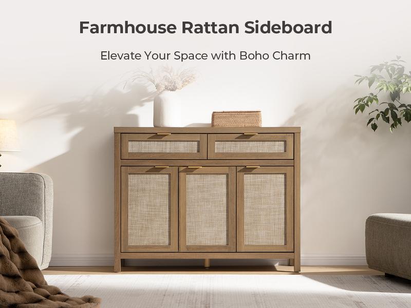 SICOTAS Rattan Sideboard Buffet Cabinet - Boho Farmhouse Credenza with 3 Doors and 2 Drawers, Storage Console Cabinet for Kitchen, Living Room, Entryway, Coffee Bar and Home Decor SICOTAS Rattan Sideboard Buffet Cabinet - Boho Farmhouse Credenza with 3 Doors and 2 Drawers, Storage Console Cabinet for Kitchen, Living Room, Entryway, Coffee Bar and Home Decor