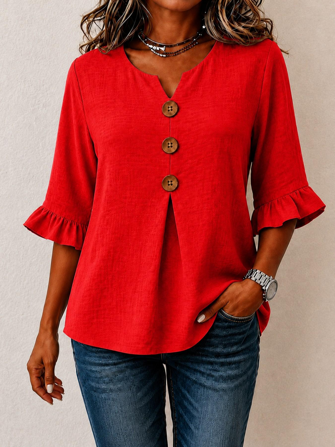 Women's Plus Size Solid V-Neck Shirt, Loose-Fitting Ruffle Sleeve Button-Up Top, Casual Vacation Wear, European and American Style