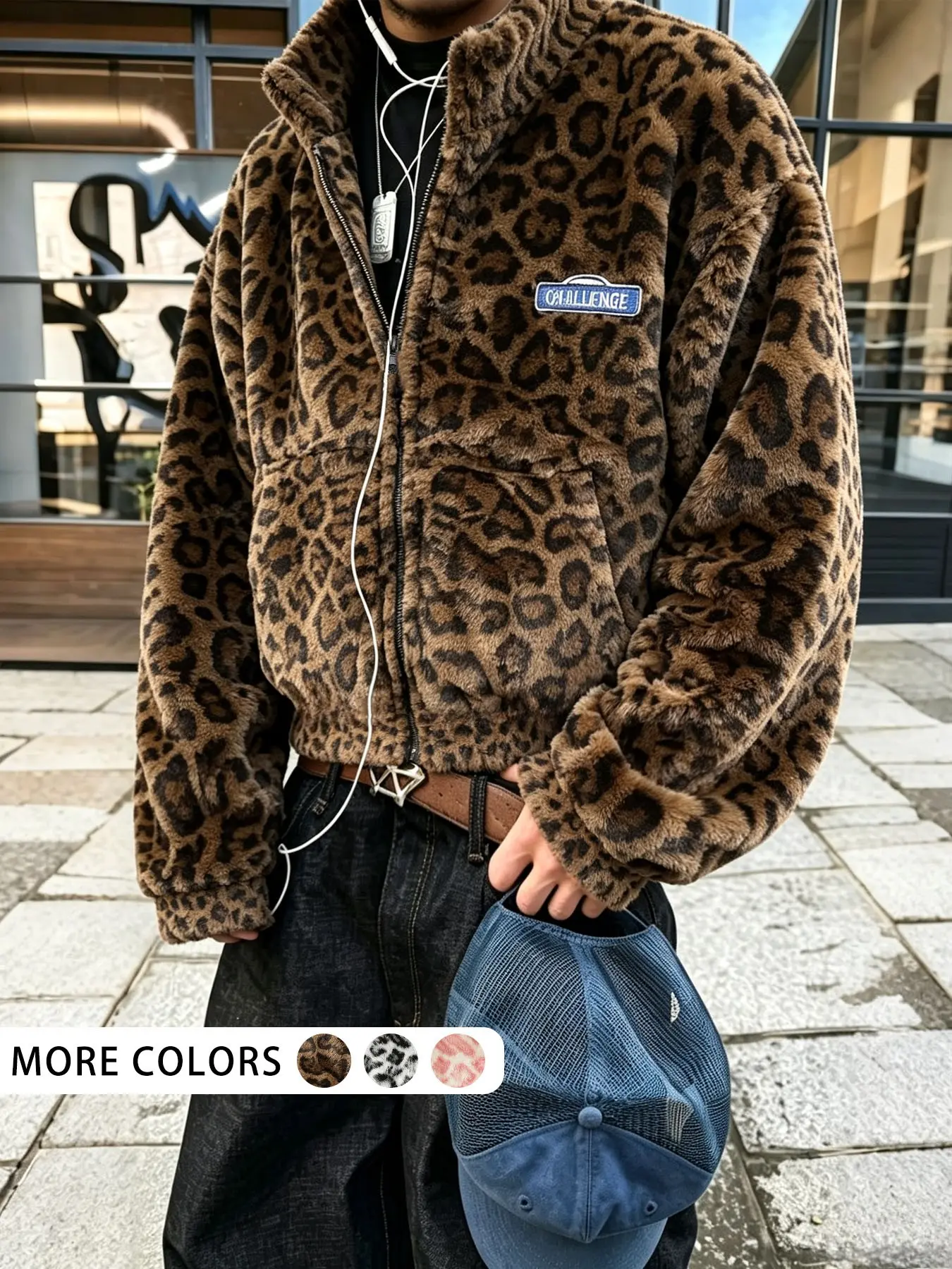 Men’S Leopard‑Print Fleece Short Zip‑Up Jacket, Oversized Drop‑Shoulder Retro Casual Top, Men’S Hip‑Hop Trendy Outerwear, Ideal For Fall & Winter Parties, Photo Shoots And Street‑Style Looks