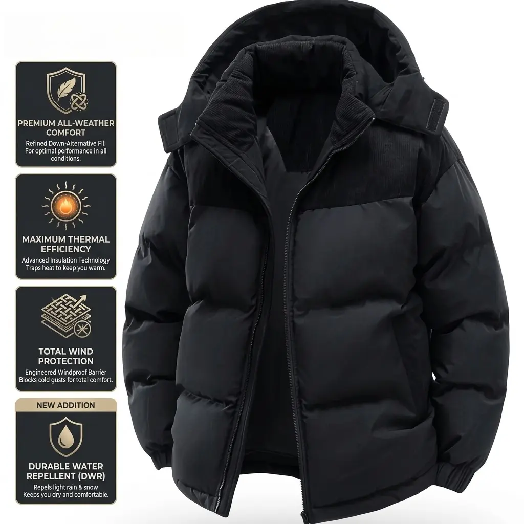 Men's Casual Thick Hooded Down Jacket - Polyester Fiber Filled, Winter Color Block, Longsleeves, Detachable Hat, Warm Menswear Tops Outerwear