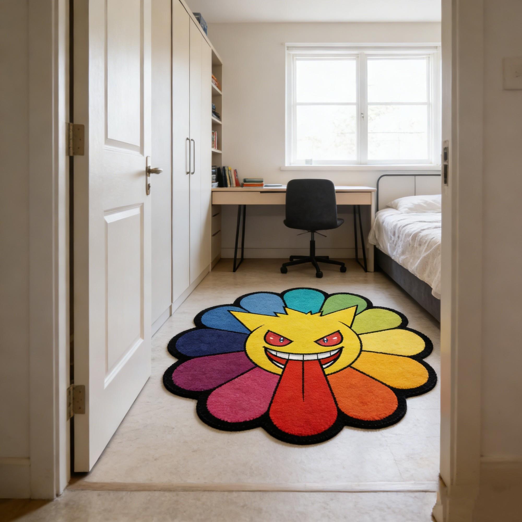 Funny Rainbow Sunflower Rug, Irregular Trendy Creative Home Decor Mat, Durable, Non-Slip, Washable, Suitable for Game Room, Bedroom, Living Room, Kitchen