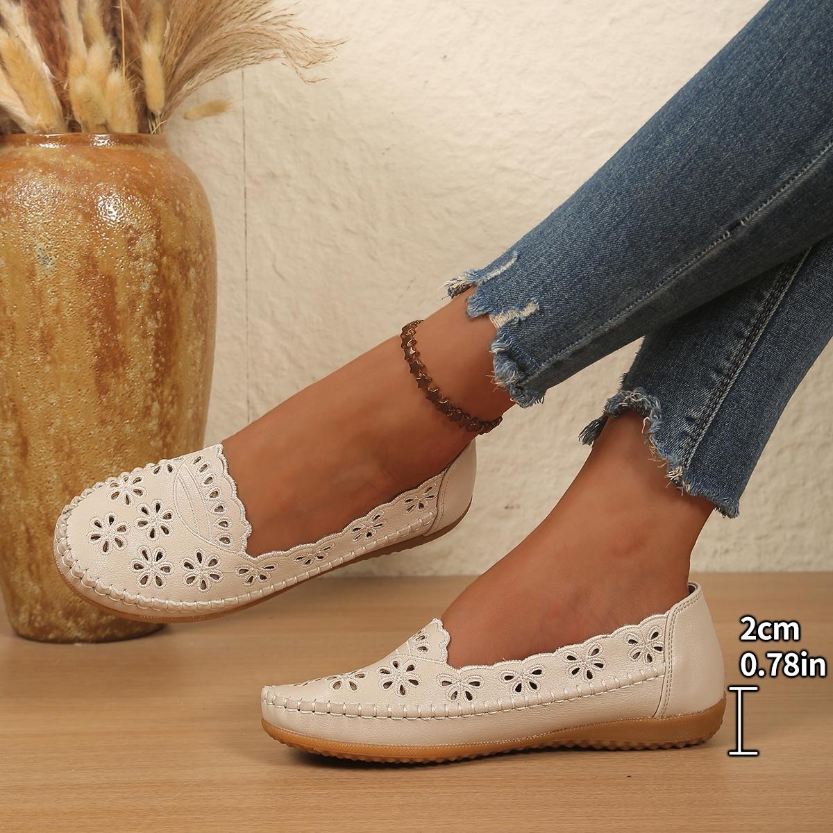 Goreyodoly Womens Wide Fit Round Toe Casual Slip On Flats, Breathable Slip Ons, Hollow Floral Lightweight Comfortable Walking Shoes All Season Office Travel Commuting Home Wear Soft Cushioned Insole Rubber Slip Resistant Durable Versatile Footwear