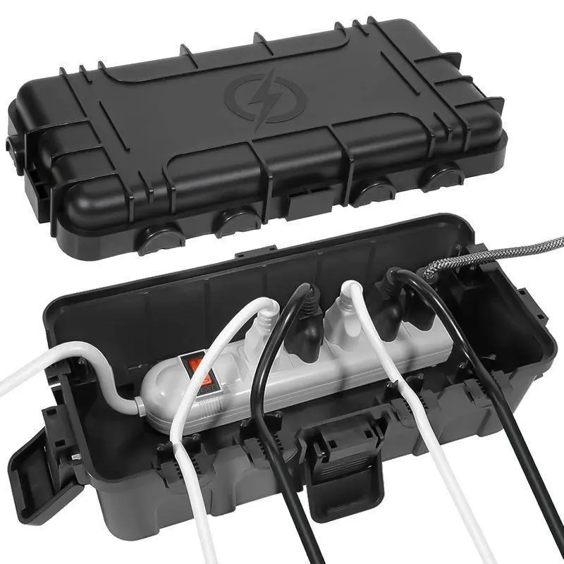 IP54 Rated Outdoor Electrical Enclosure, 11.6x5.2x4.1 Inches Black Polypropylene Weatherproof Case with Anti-Slip Base, Cable Ports, Wall/Floor Mount for Power Strips, Garden Tools