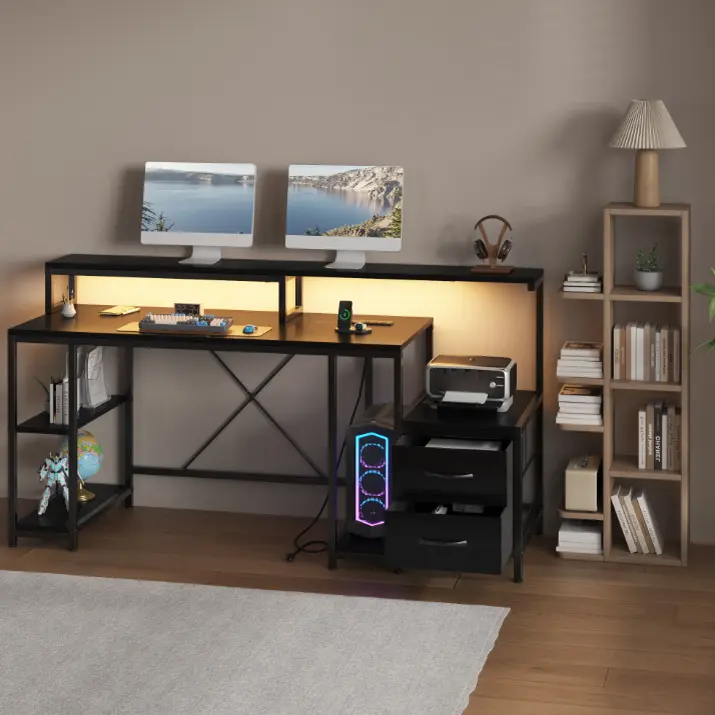 Home Office Desk with LED Light & Power Outlets, 63 inch Computer Desk with Monitor Stand and Printer Space, Gaming Desk with Drawers and Storage Shelves for Study Writing Working, Black