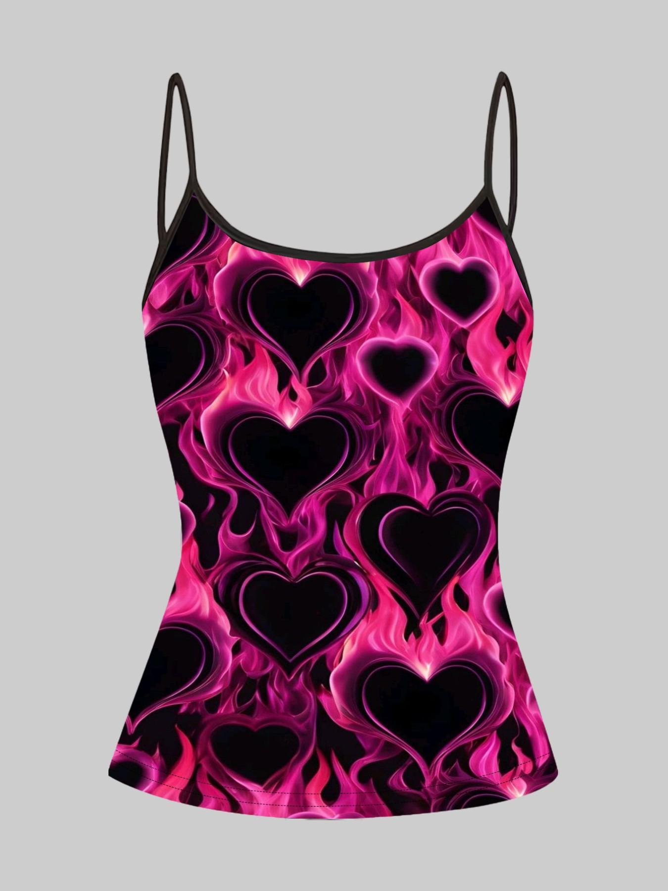 Neon Flame Heart Print Strappy Top, Summer Home Sleepwear Outerwear, Unique Slim-Fit Shirt Set of Four, Casual Style
