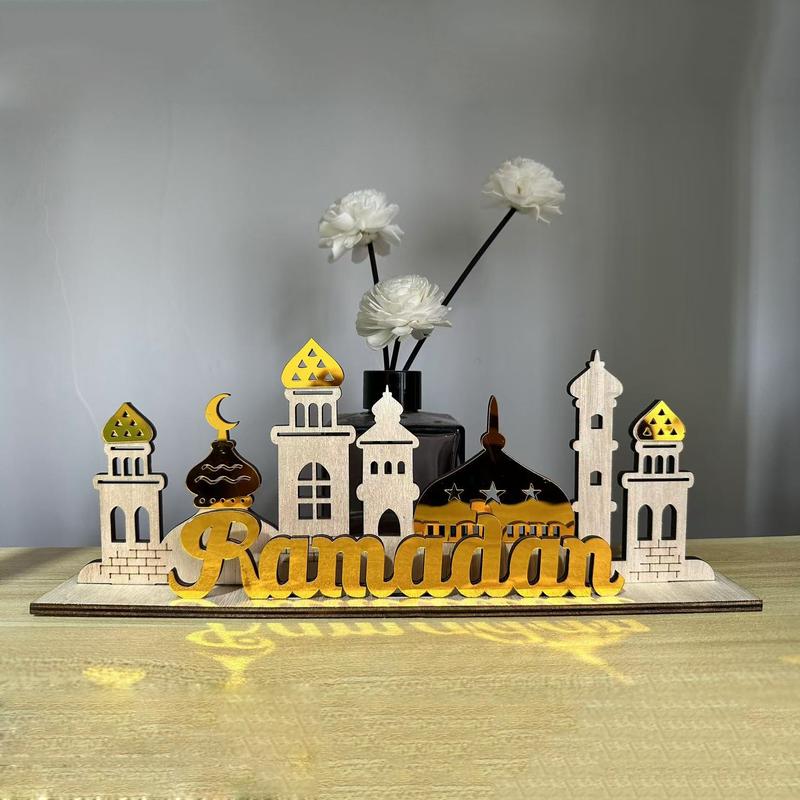 Ramadan Wooden Decorative Figurine, Islamic Mosque Style Desktop Ornament, Eid Festival Home Decoration, Festive Atmosphere