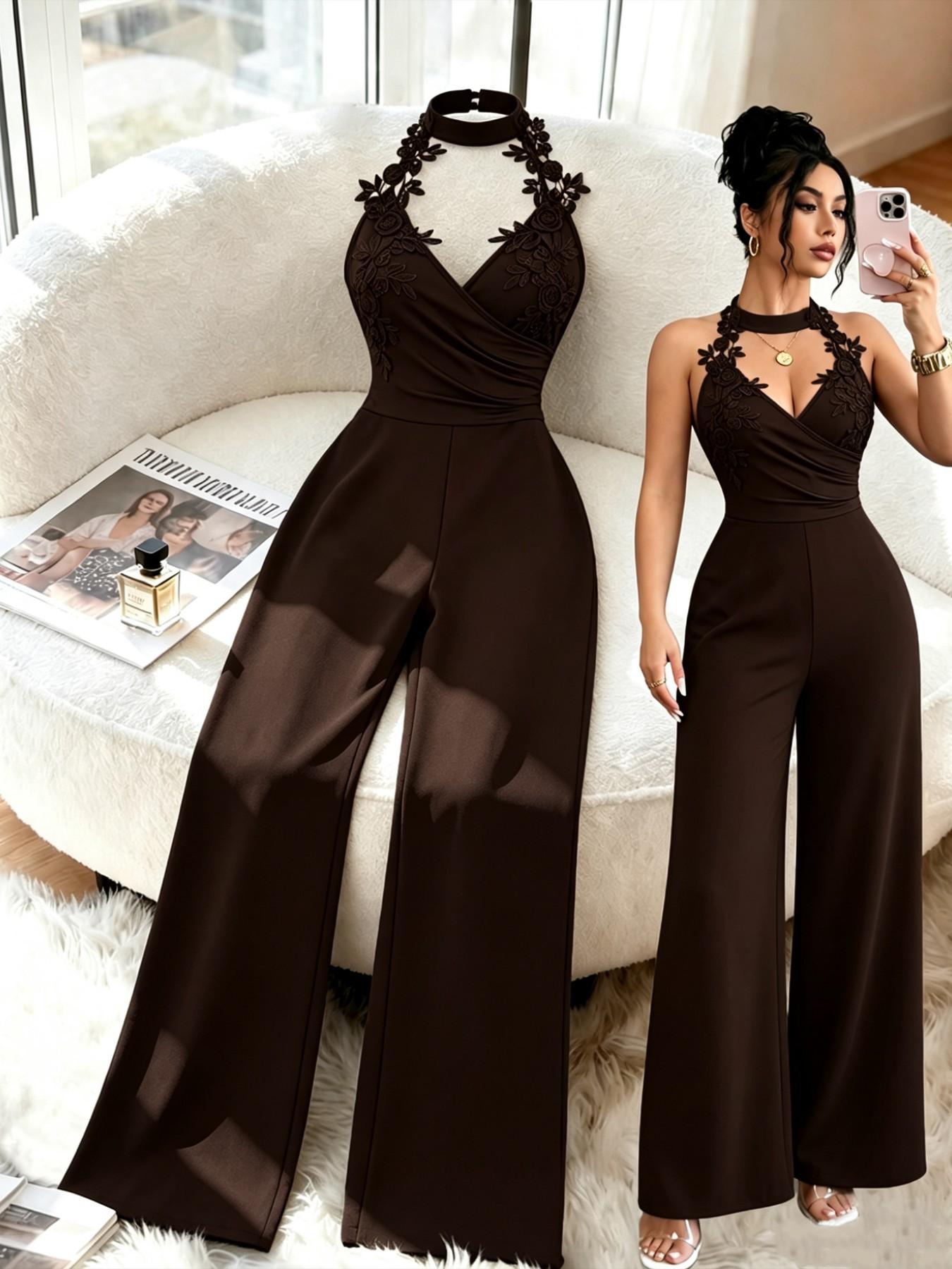 Floral Lace Halter Deep V Cross Back High Waist Bodycon Pants, Sexy & Elegant Design for Dates & Parties, Perfect Fit for Special Occasions