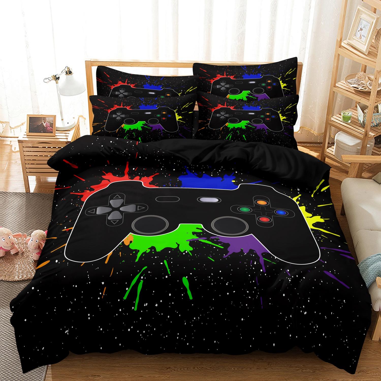 Video Game Controller Mouse Keyboard Headphone Pattern - Modern Fashionable Cool Gamepad Print - Boys Youth Gaming Equipment Bedding Set - 3pcs Duvet Cover Set (1Duvet cover+2Pillowcase ，No quilt)