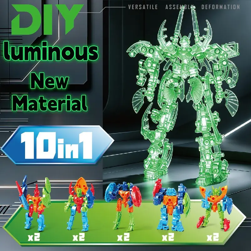 5/10 in 1 Glow in the Dark Transforming Robot Toys, DIY Luminous Mecha, Educational Building Blocks, Gift for Kids Ages 3+