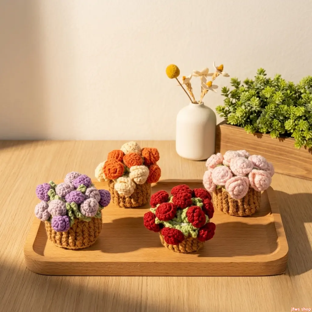 Handmade Crochet Flower Coaster Transformable Pink Flower With Purple Basket Cute Yarn‑Knitted Table Cup Mat Converts Into Floral Bouquet Thoughtful Mother’S Day Gift For Household Room Decor Ornament