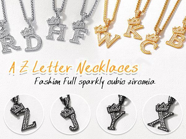 FindChic Crown Initial Necklace 26 Bling Letters A-Z Pendant Cubic Zirconia Hip Hop Alphabet Name Jewelry Unisex For Women Men