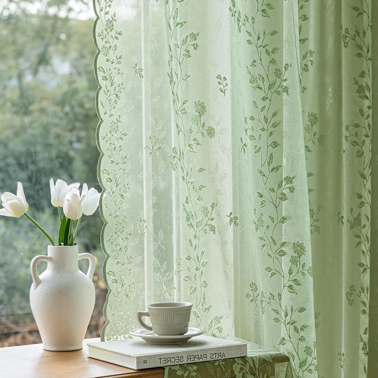 Sage Green Polyester Stretch Sheer Lace Curtains, Victorian Floral Leaf, 84 in Long French Country 2 Panels, Vintage Scalloped, Rod Pocket, Light Filtering Privacy for Living Room Bedroom