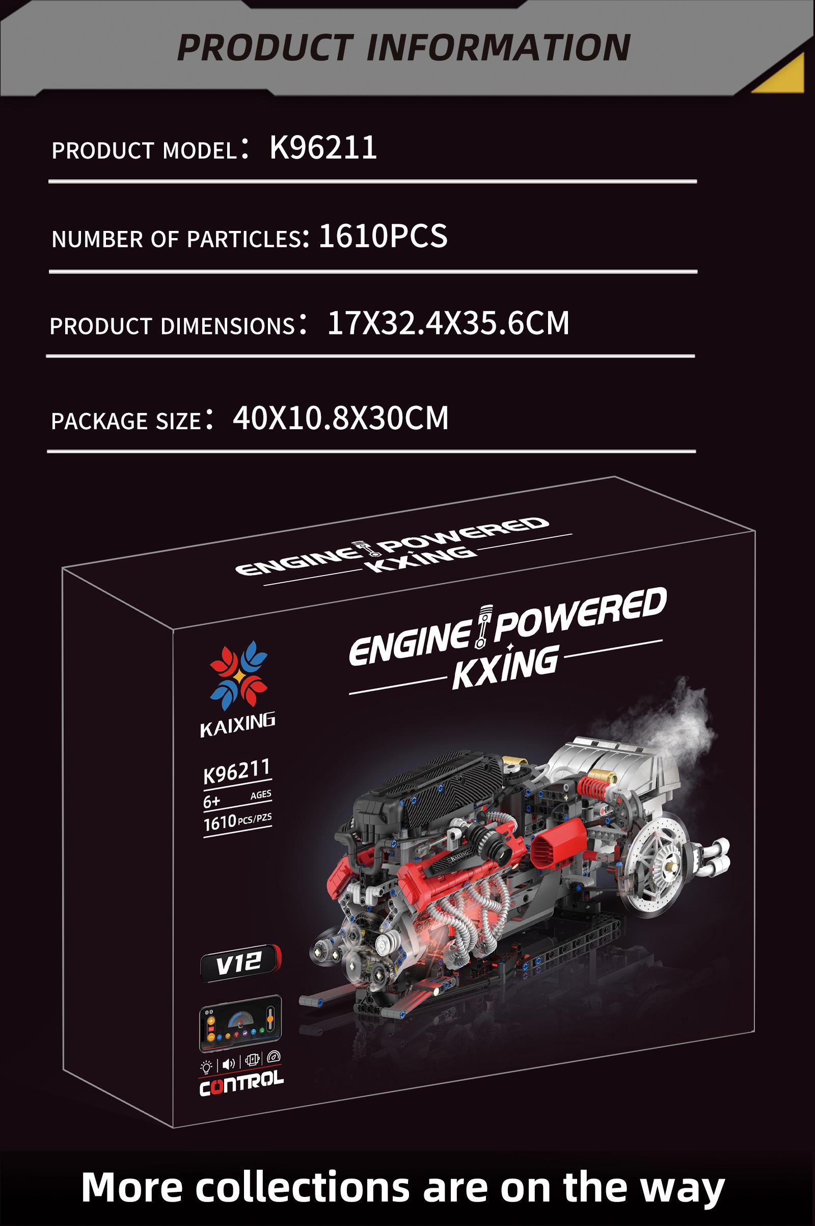 V12 Engine Assembly Kit 1610+ Pieces, LED Lighting & Spray Effect, Remote Control Electric Build Set, Stem Education Model, Ideal Gift