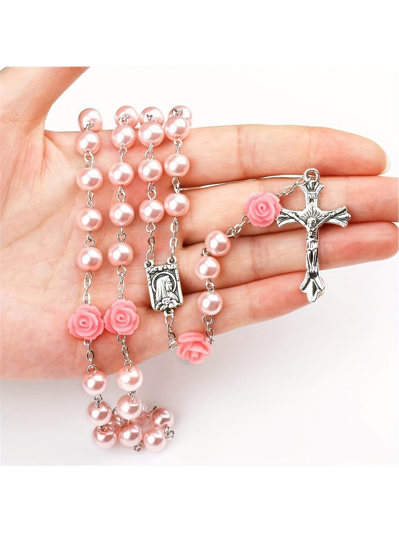 Vintage Pink Resin Beaded Rose Cross Pendant Clothing Accessories Jewelry, Light Luxury Premium Commemorative Gift for Family and Friends