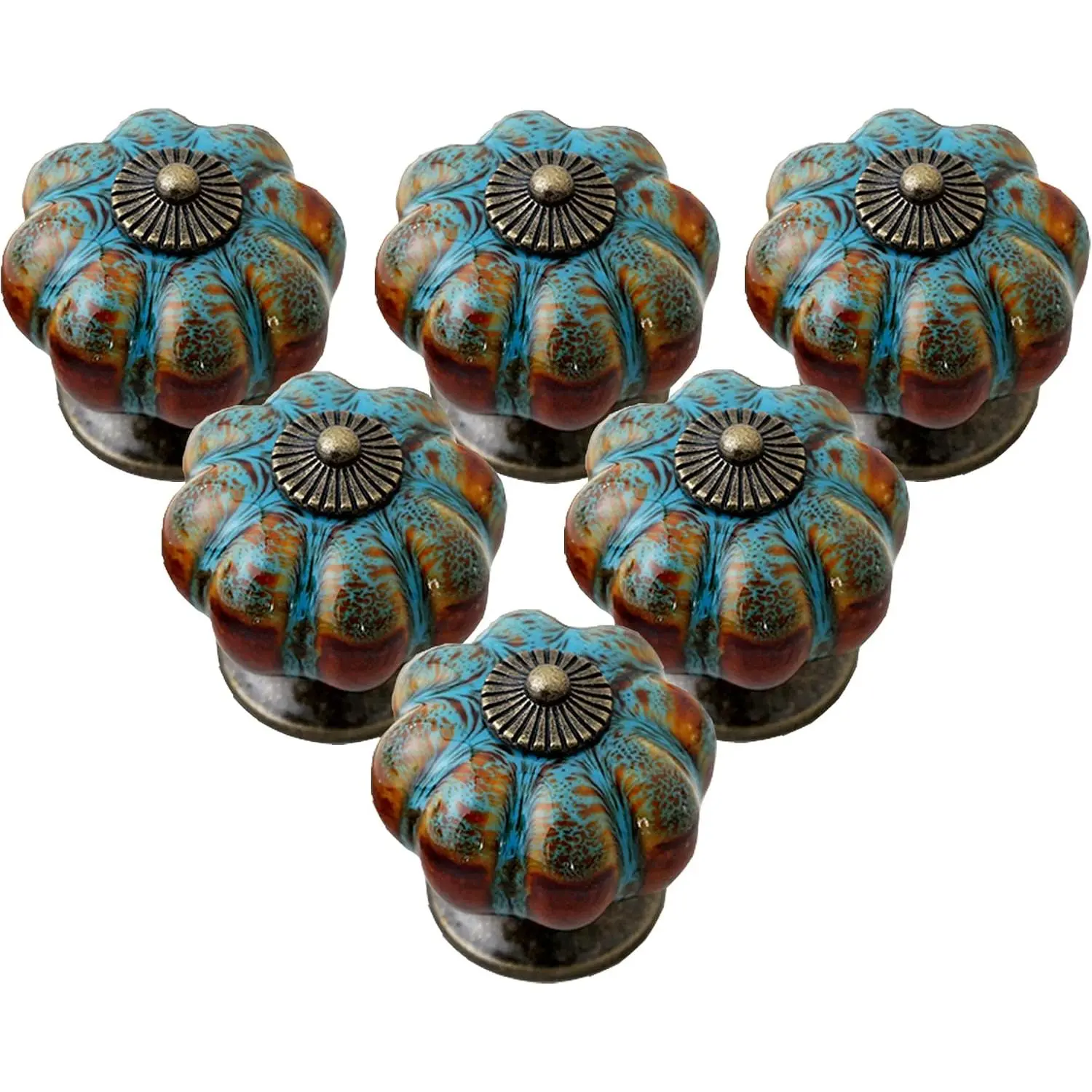 10 count Pumpkin Ceramic Drawer Knobs, Dresser Knobs  Door Pull Handles Retro Antique Floral Leaf  for Furniture Drawer Dresser Cabinet with Screws (White/Blue)