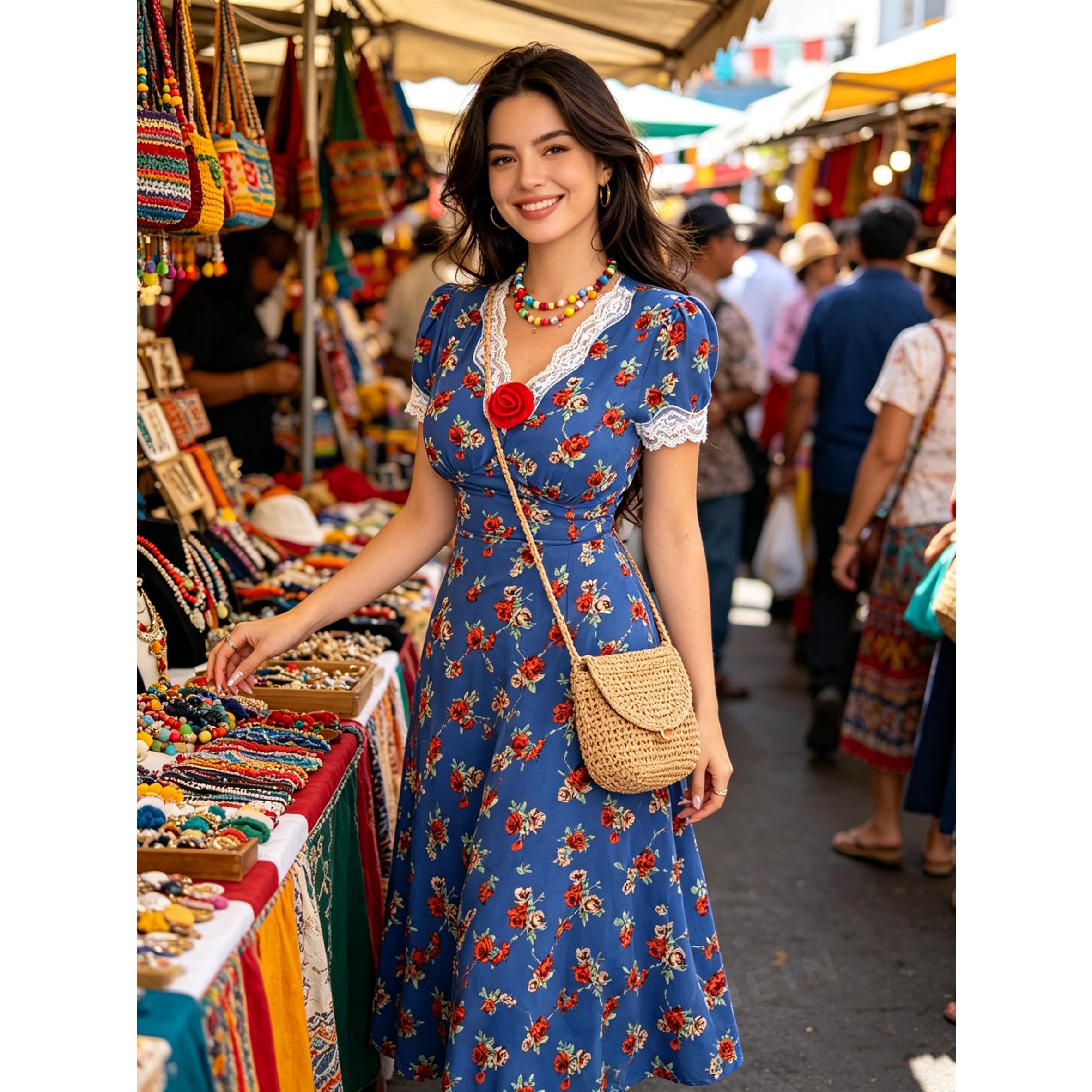 Vintage French Blue Floral Midi Dress Romantic Lace V-Neck Gown | S-XXL Inclusive Sizing | Perfect for Picnic, Date Night, Sunday Brunch & Tea Parties Vintage French Blue Floral Midi Dress Romantic Lace V-Neck Gown | S-XXL Inclusive Sizing | Perfect for Picnic, Date Night, Sunday Brunch & Tea Parties