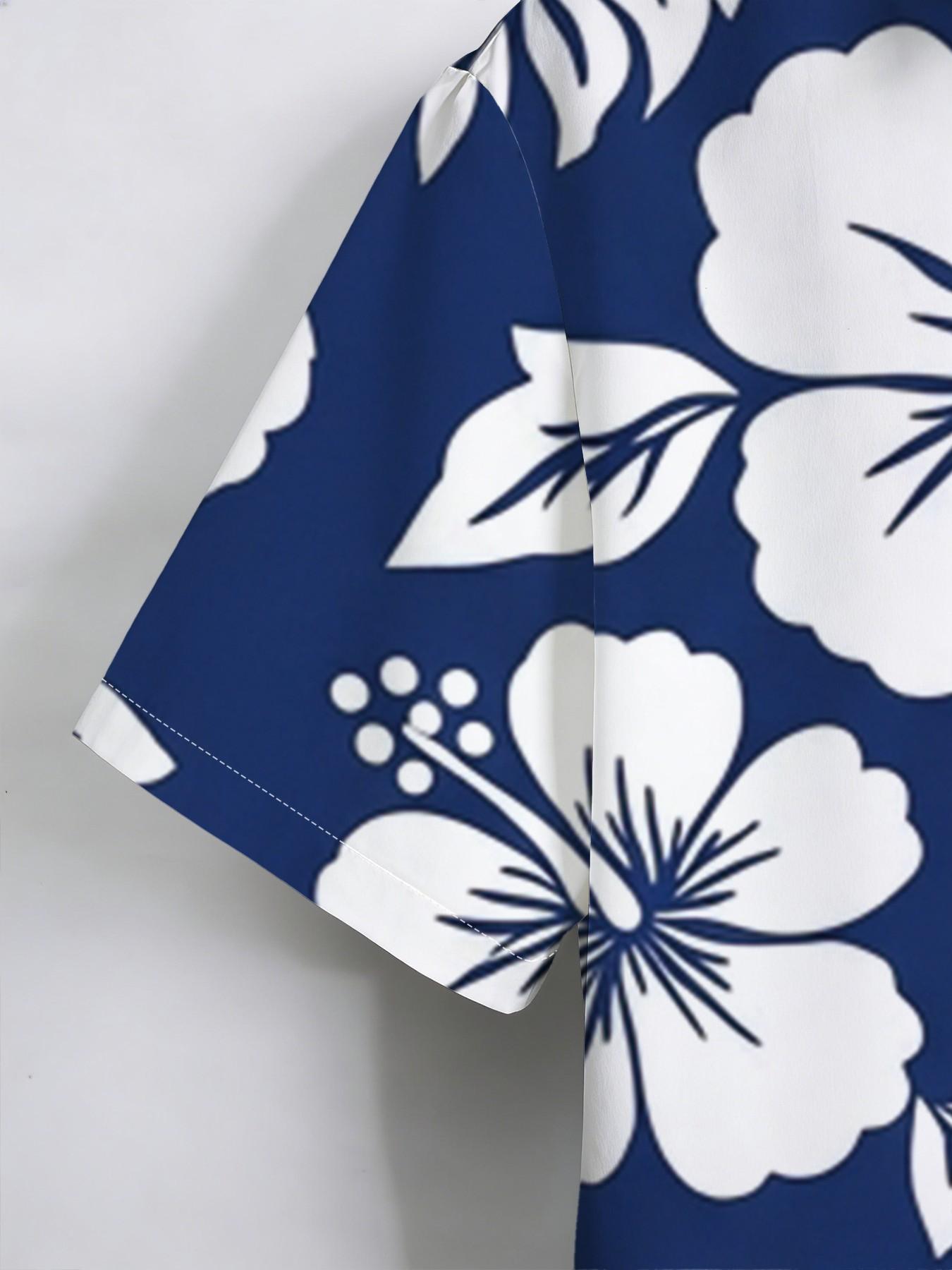 New Summer Men's Short Sleeve Shirt, Vintage Blue Background Jasmine Palm Leaf Print, Casual Breathable Beach Holiday Hawaiian Shirt