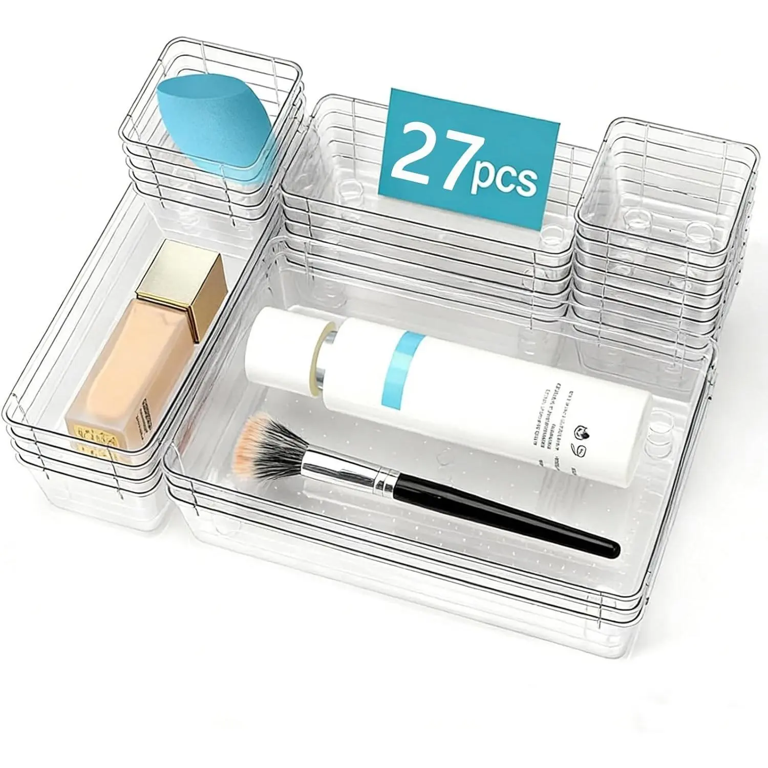 27 PCS Clear Drawer Organizer Set, 4 Sizes Desk Drawer Storage Bins, Divider Trays for Makeup, Vanity, Bathroom, Kitchen, Office