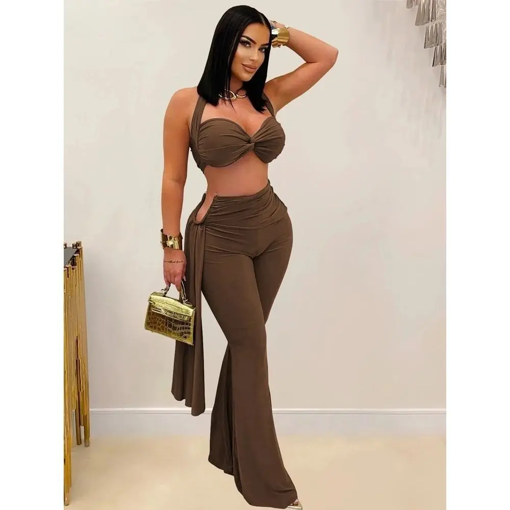 Women's 2-Piece Sleeveless Short Crop Top & Long Strap Wide-Leg Pants Set - Ruched Metal Accent Tracksuits for Night Out, Women's Clothes