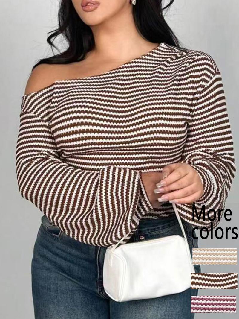 【Plus Size】1 Piece Women's Beige & White Striped Cold Shoulder Long Sleeve Crop Top, Y2K Aesthetic Street Style, Waffle Knit Fabric & Slim Fit, Ruffled Cuff Detail, For Fashion-Forward Women, Perfect for Streetwear, Casual Outings & TikTok Trendy Looks 【Plus Size】1 Piece Women's Beige & White Striped Cold Shoulder Long Sleeve Crop Top, Y2K Aesthetic Street Style, Waffle Knit Fabric & Slim Fit, Ruffled Cuff Detail, For Fashion-Forward Women, Perfect for Streetwear, Casual Outings & TikTok Trendy Looks