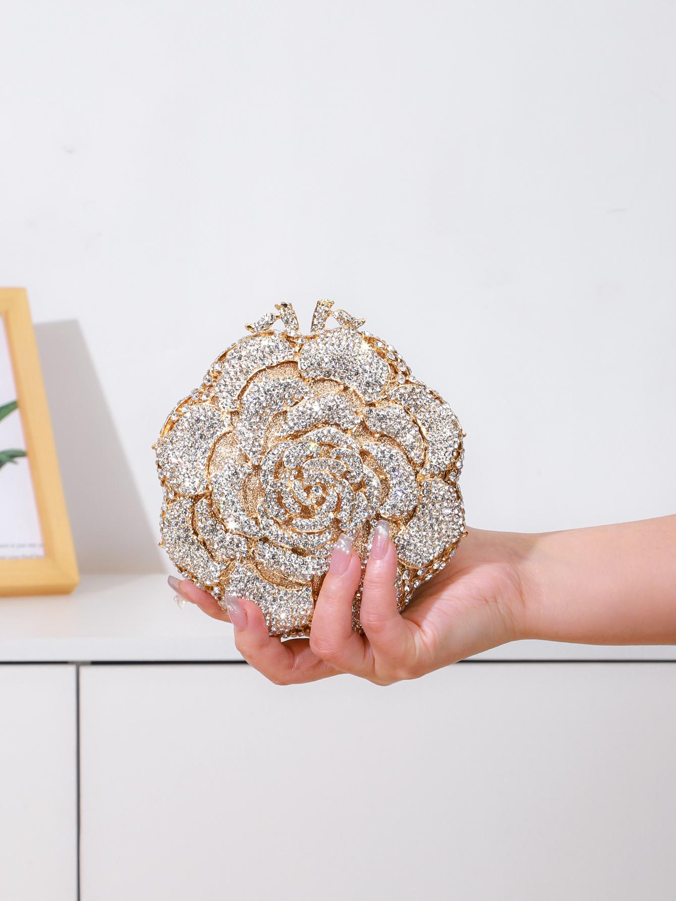 1pc Mini Elegant Clutch Bags Rhinestone Flower Design Evening Purses For Party&Prom,Luxury Metal Crystal Handmade Clutch Bags For Women,Full Diamond Dinner Clutches Novelty/Glitter Handbags For Wedding Bride/Gifts