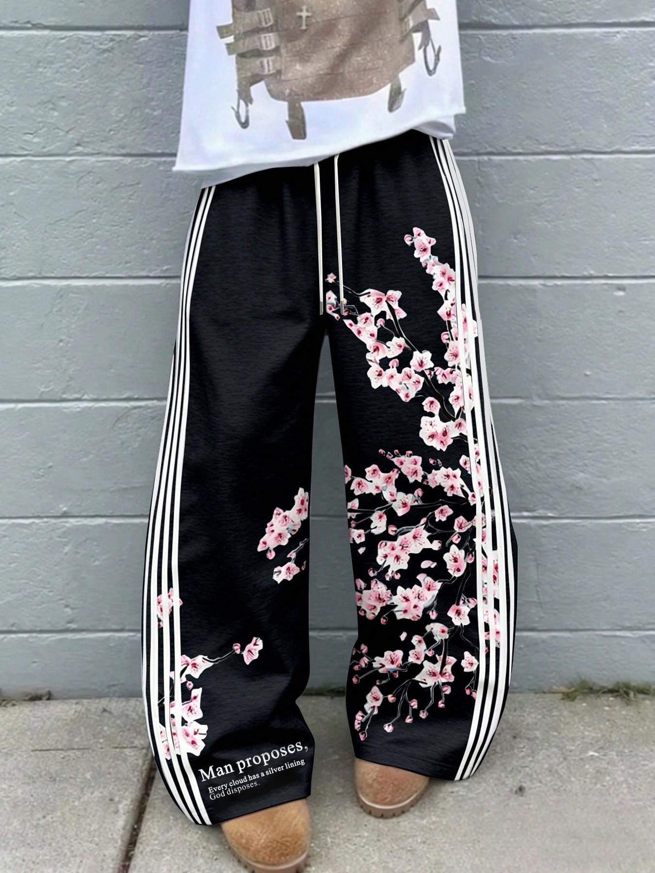 Men's American High Street Loose Wide Leg Pants, Side Stripe Cherry Blossom Digital Print Sweatpants, Drawstring Waist Casual Sports Long Pants