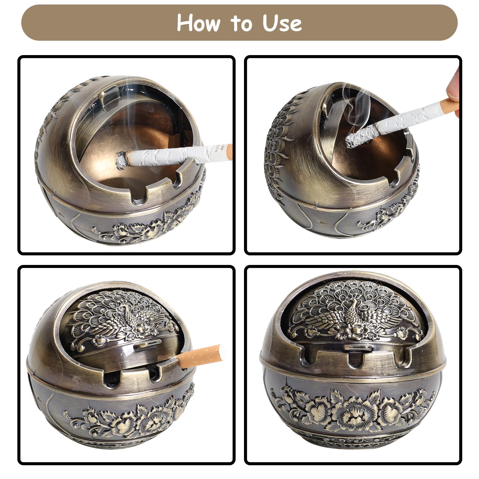 Vintage Metal Peacock Pattern Ashtray Portable Travel Pocket Size Reusable Smokeless Decorative Ash Holder Durable Waterproof Stylish Retro Art Ornament Multifunctional Essentials for Home Office Bar Outdoor Patio Camping Travel Indoor Desktop Table Decor