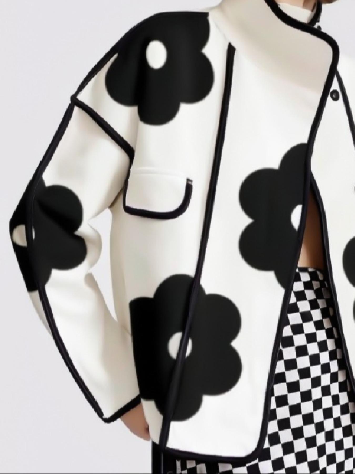 Women's Floral Print Contrast Binding Button Front Flap Detail Jacket, Elegant Stand Collar Drop Shoulder Long Sleeve Outerwear, Casual Fashionable Outerwear for Fall & Winter, Ladies Clothes for Daily Wear