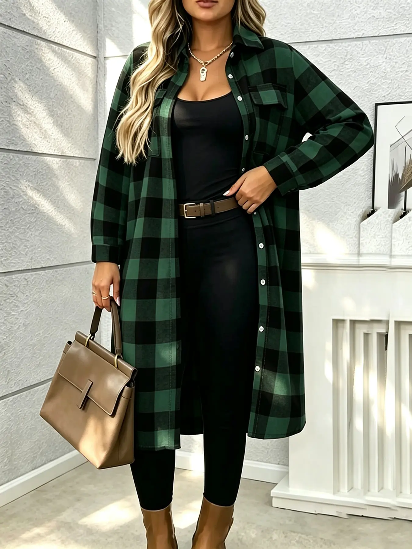 Plus Size Green‑Black Plaid Long Shirt Jacket, Long Sleeve, Lapel Collar Single Breasted, Patch Pockets, Loose Drop‑Shoulder Brushed Flannel Shacket, Spring Fall Layering, Daily Commute, Street Outing, Holiday Travel, Outdoor Trip