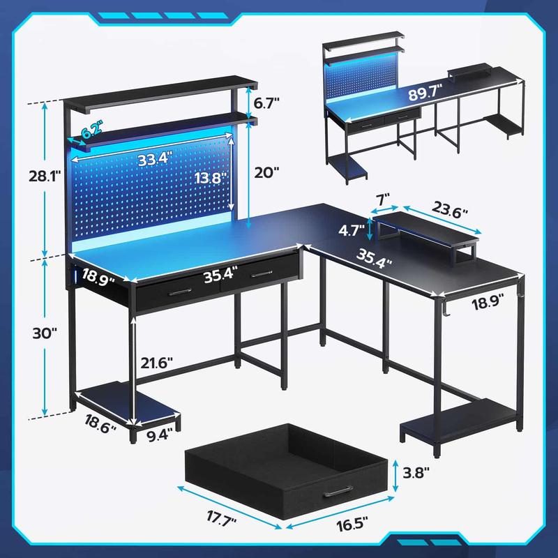 SEDETA L-Shape Gaming Desk Computer Desk with LED Lights Hanging Panel and Drawer with Brackets and Storage Shelves Home Office Corner Desk Modern